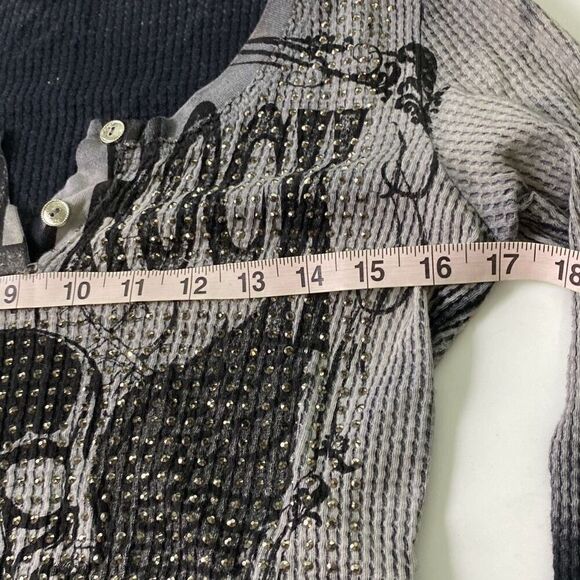 Voice of California Y2K skull blinged out ombre waffle knit shirt top M - Picture 9 of 10